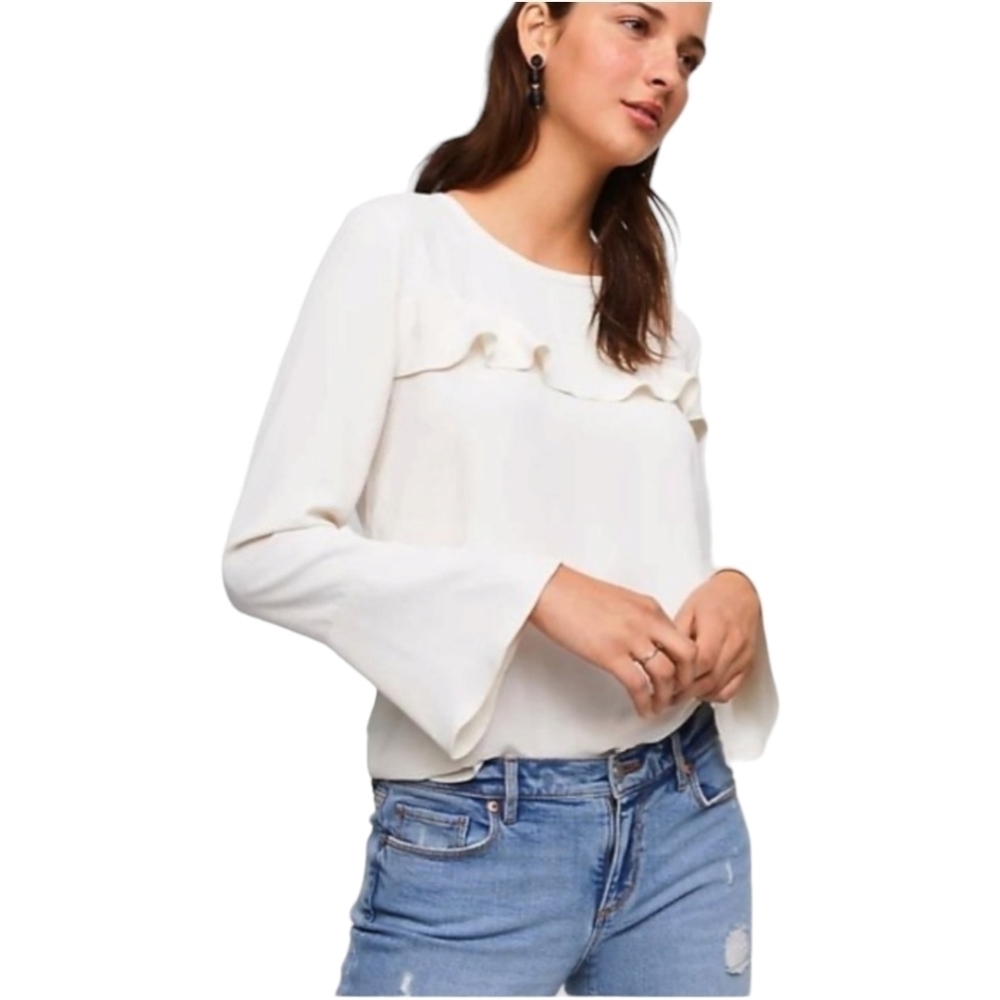 Loft Petite Ruffle Mixed Media Blouse